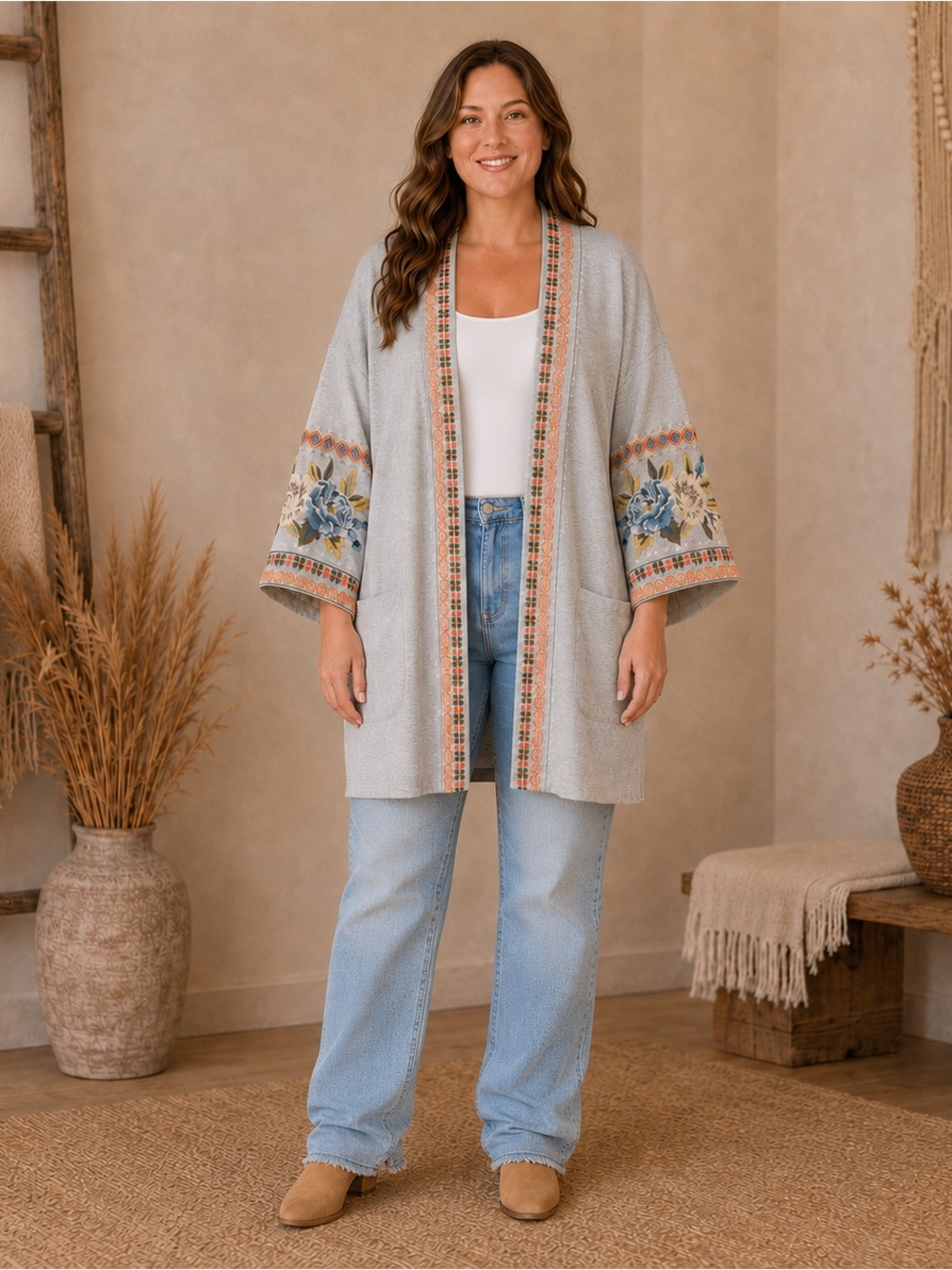 Johnny Was Tulla Gray Embroidered Open Cardigan Jacket 3X